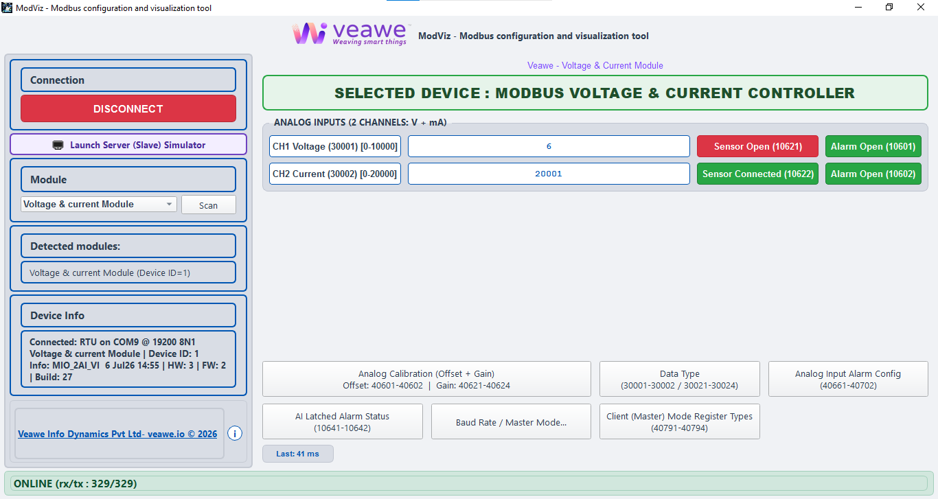 ModViz configuration and visualization tool - 2AI module control panel