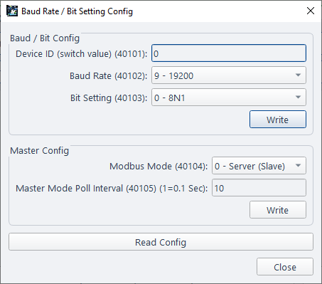 ModViz Baud Rate / Bit Setting Config dialog