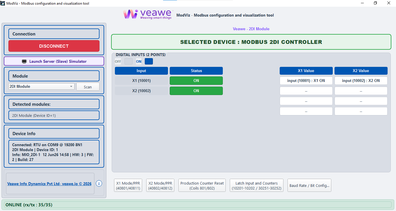 ModViz configuration and visualization tool - 2DI module control panel