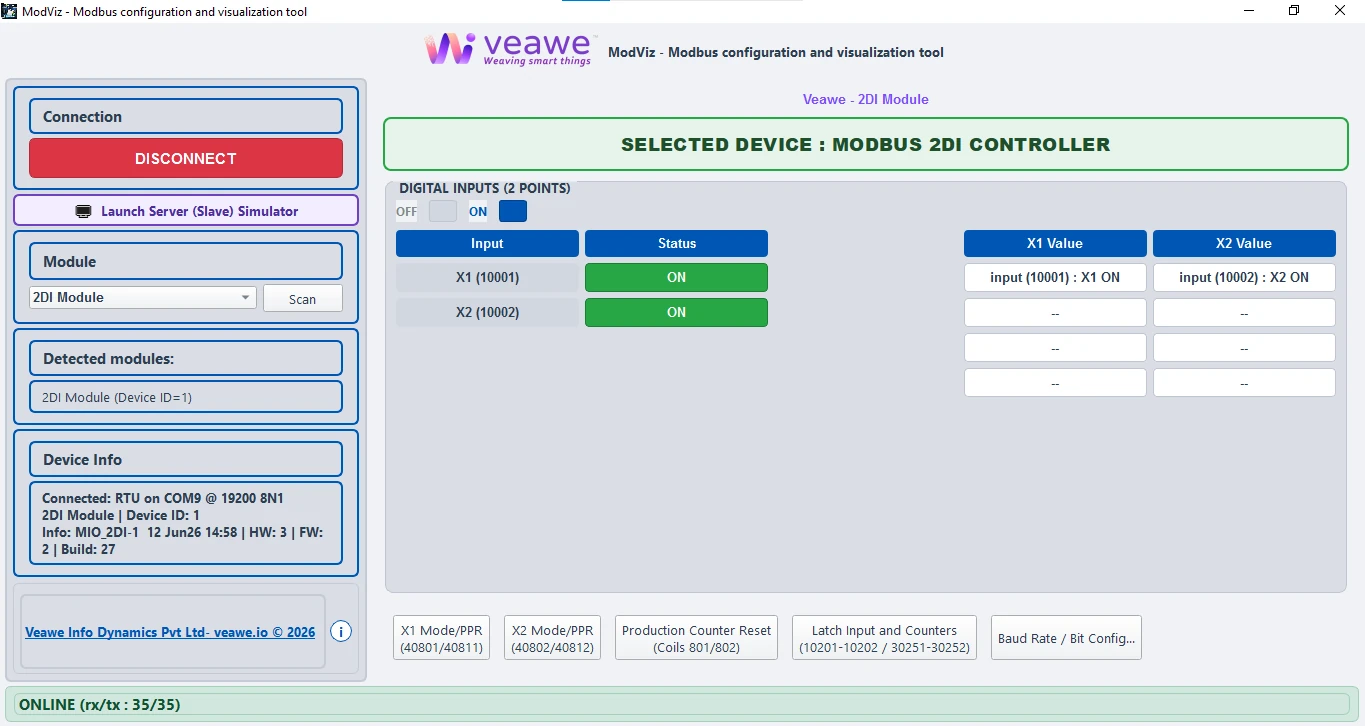 ModViz configuration and visualization tool - 2DI module control panel
