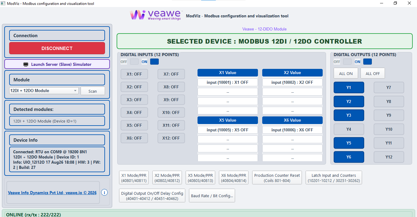 ModViz configuration and visualization tool - 12DIDO module control panel