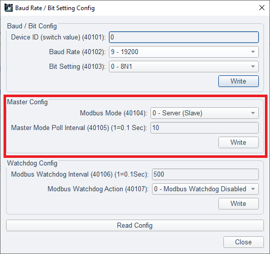 ModViz Baud Rate / Bit Setting Config - Master Config highlighted