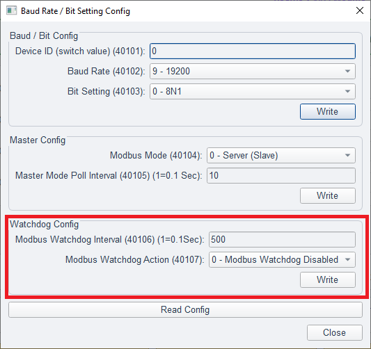 ModViz Watchdog Config - Baud Rate / Bit Setting Config dialog