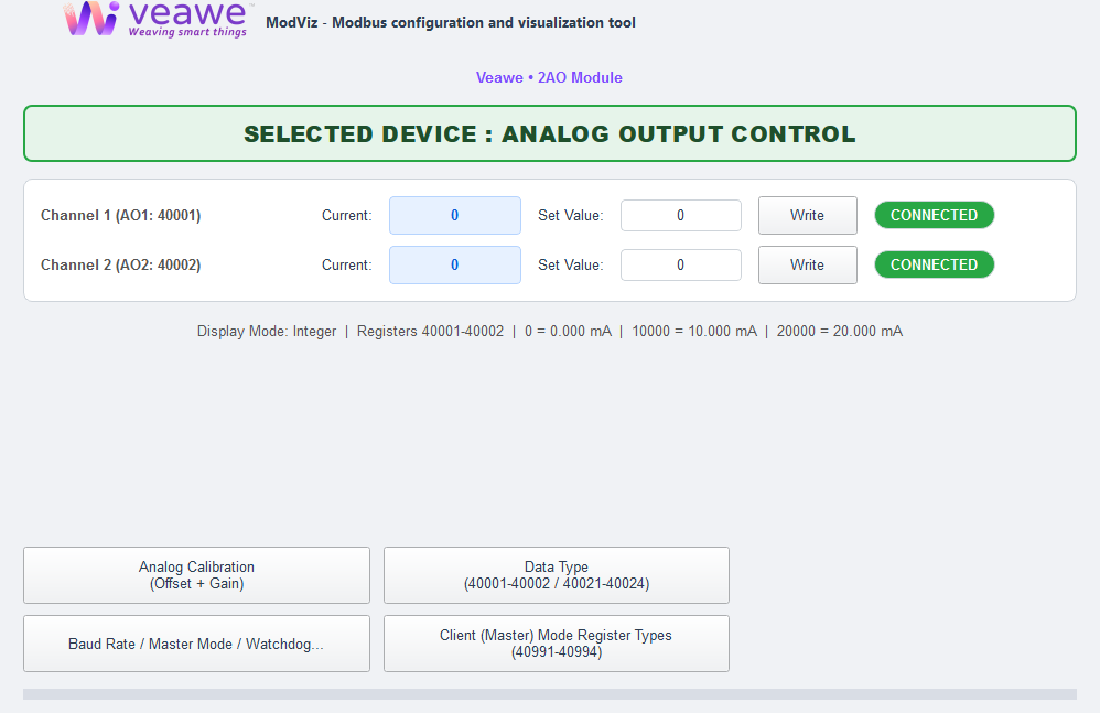 ModViz configuration and visualization tool - 2AO module control panel