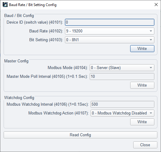 ModViz Baud Rate / Bit Setting Config dialog