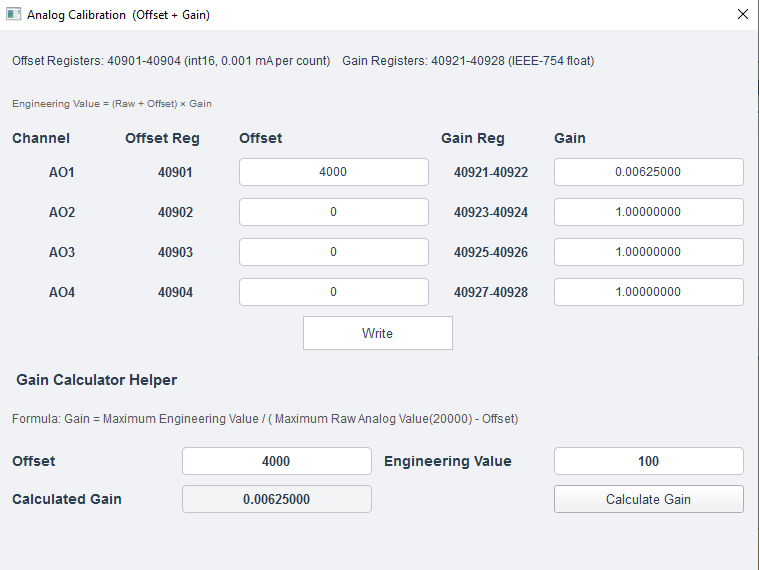ModViz Analog Calibration (Offset + Gain) dialog