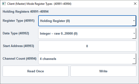 ModViz Client (Master) Mode Register Types dialog