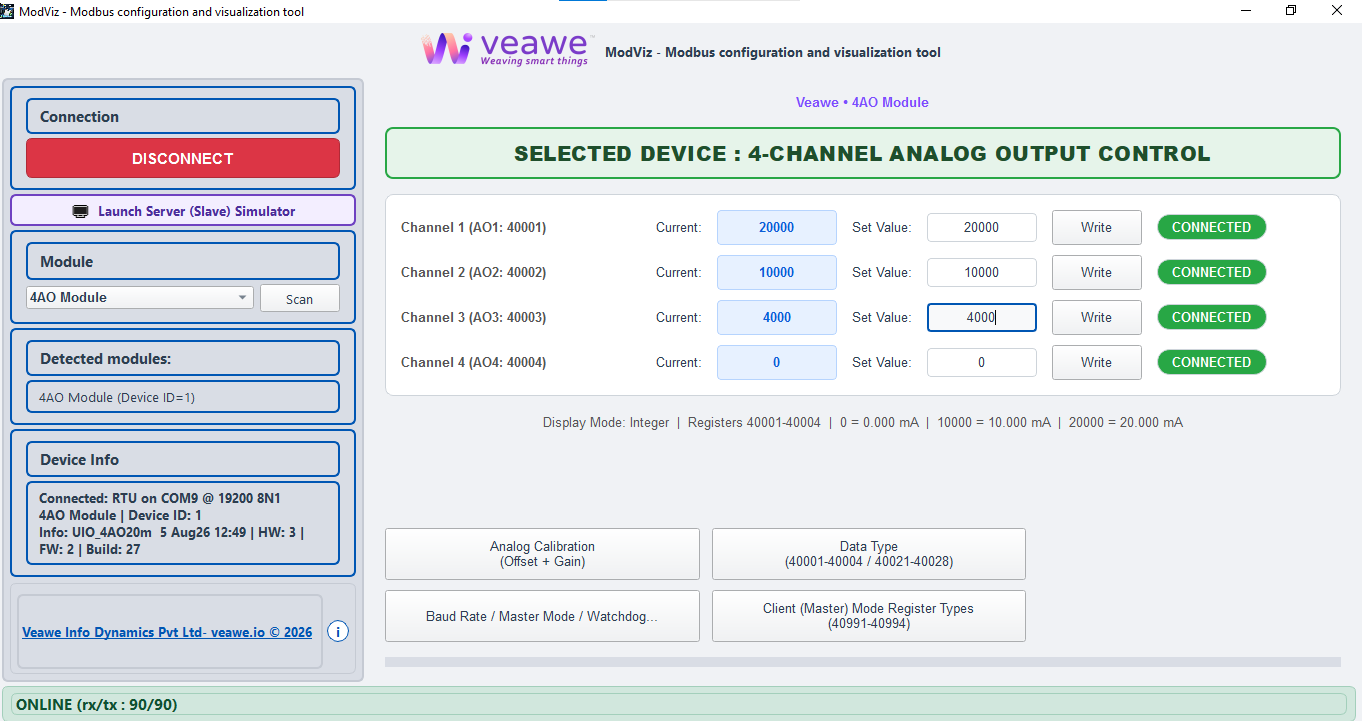 ModViz configuration and visualization tool - 4AO module control panel
