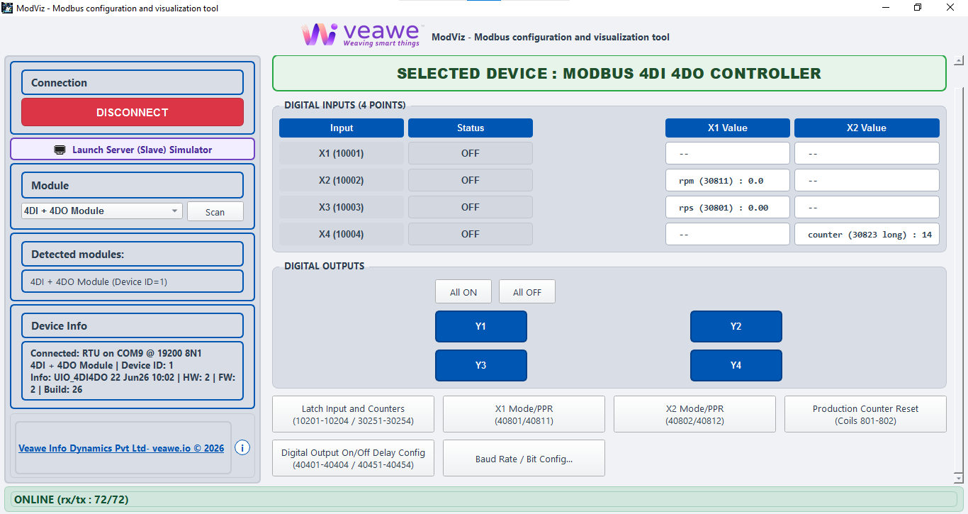 ModViz configuration and visualization tool - 4DI-4DO module control panel