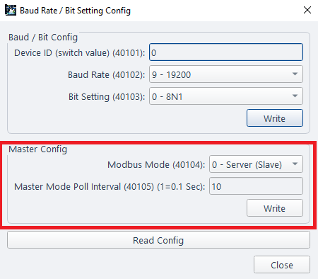 ModViz Baud Rate / Bit Setting Config - Master Config highlighted