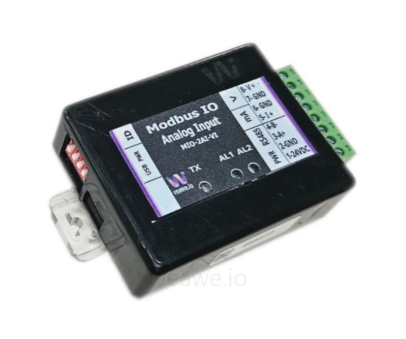 MIO-2AI-VI 2 Channel Analog Input Modbus RTU RS485 Module - Front View Veawe MIO-2AI-VI 2 Channel Analog Input Modbus RTU RS485 Module front view