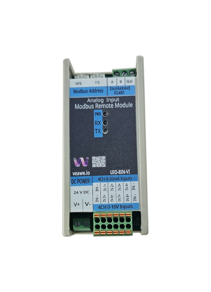UIO-8IN-VI 8-Channel Modbus Input Module (4x 20mA + 4x 10V) - Front View Veawe UIO-8IN-VI 8 Channel 20mA & 10V Modbus Input Module front view